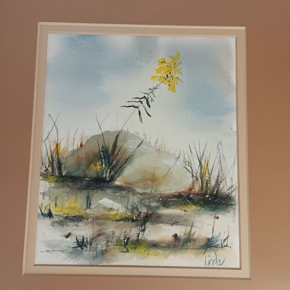 Watercolor Marsh Landscape Yellow Flower Grass Dunes Sky Matted Wood Frame 15x12